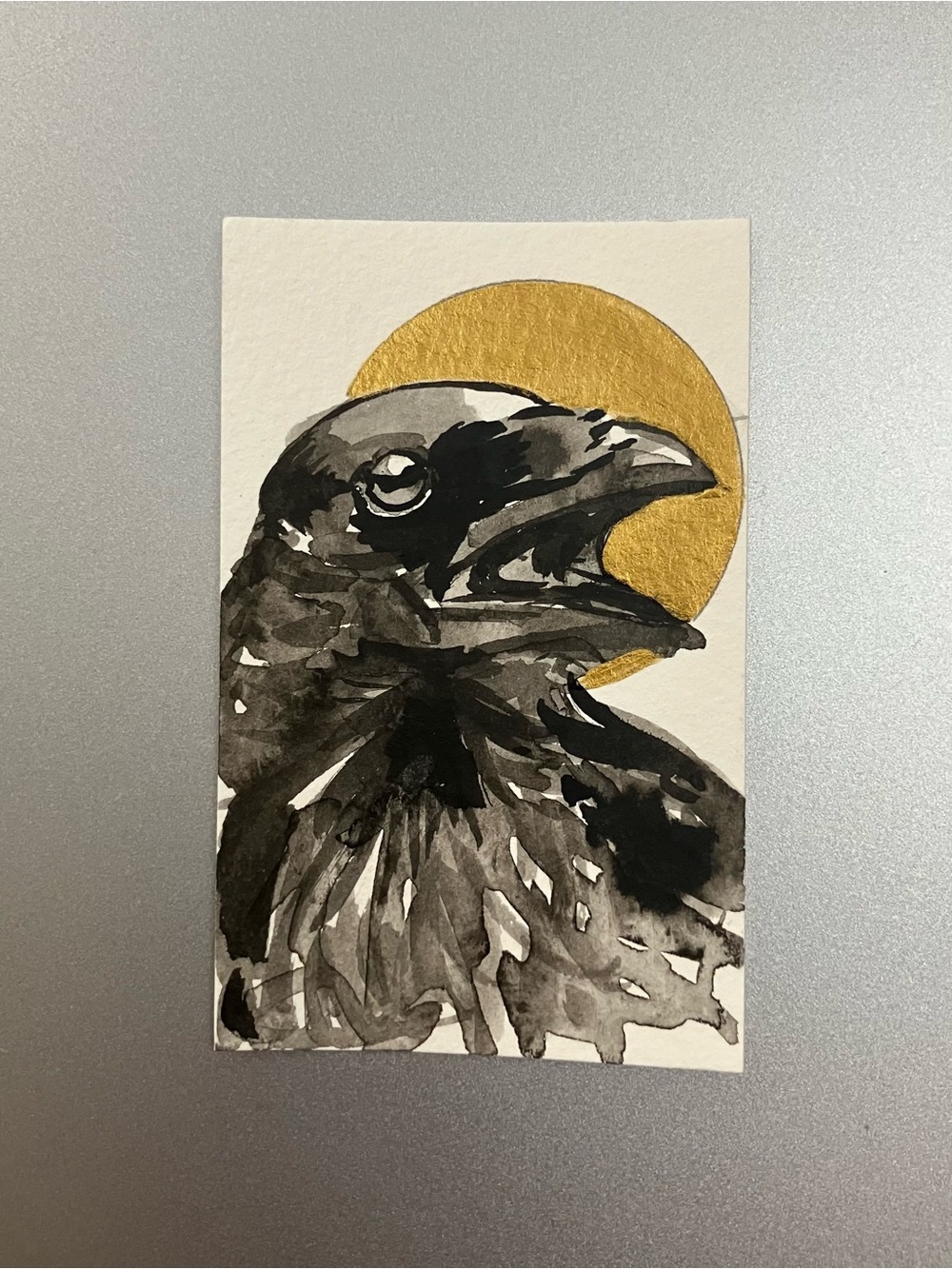 Original raven crow miniature realism painting sumi-e style art ink collectible